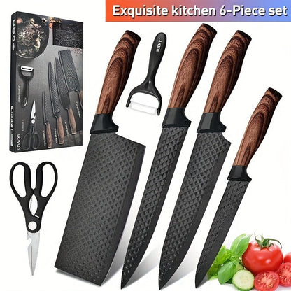 Professional 6pcs Kitchen Knife Set - Chef's Knife, Slicing Knife, Scraper, and Scissors - High Carbon Stainless Steel with Ultra-Sharp Blades, Non-Stick Ergonomic Wooden Handles - Ideal for Home, Travel, and Gift Box Set    Home Decor Supply | Online Retail | ShoreShopper.com