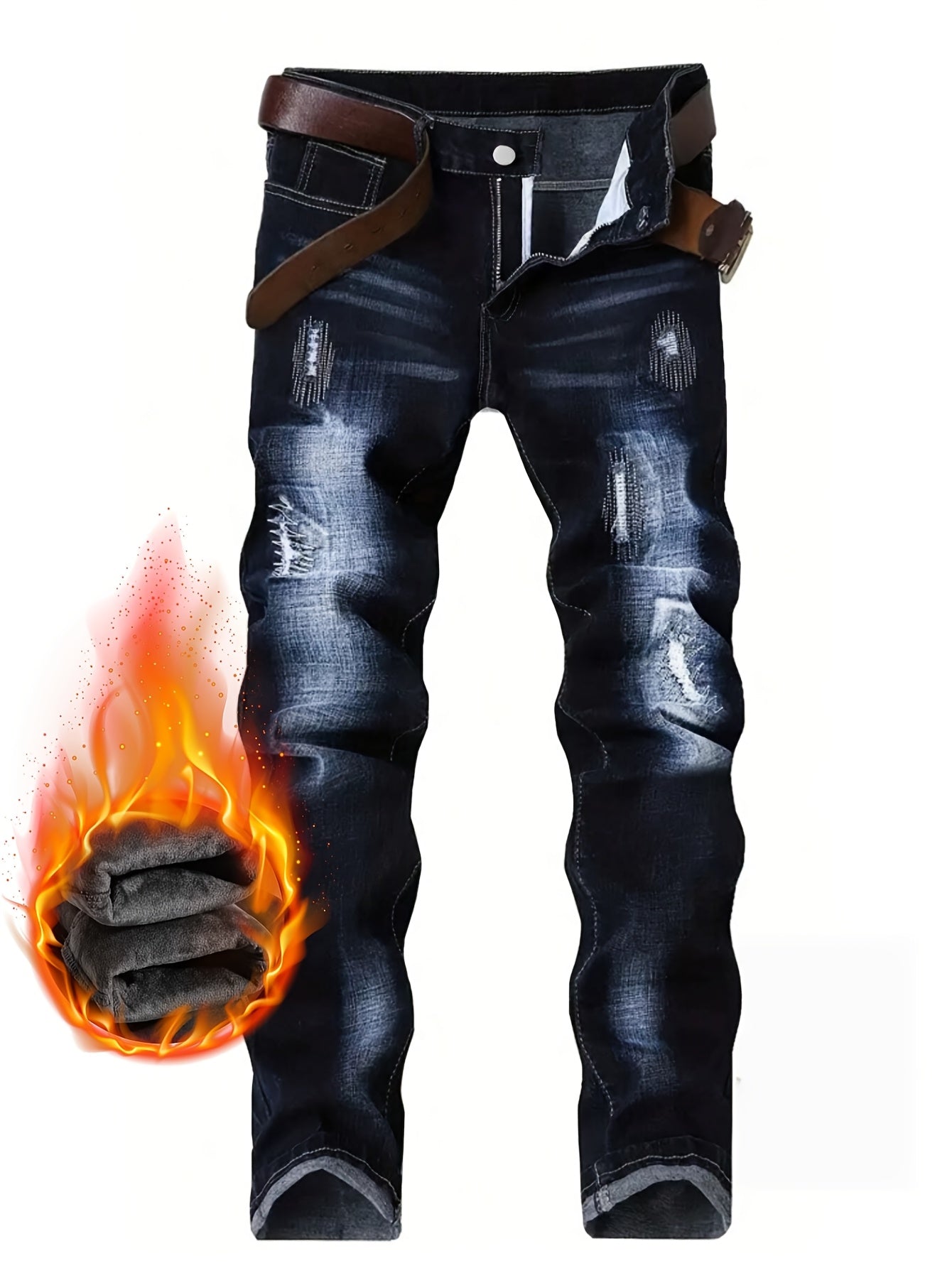Men's Thermal Distressed Winter Jeans - Thickened Fleece-Lined Denim with Aged Patchwork & Heavy Wash Design    Home Decor Supply | Online Retail | ShoreShopper.com