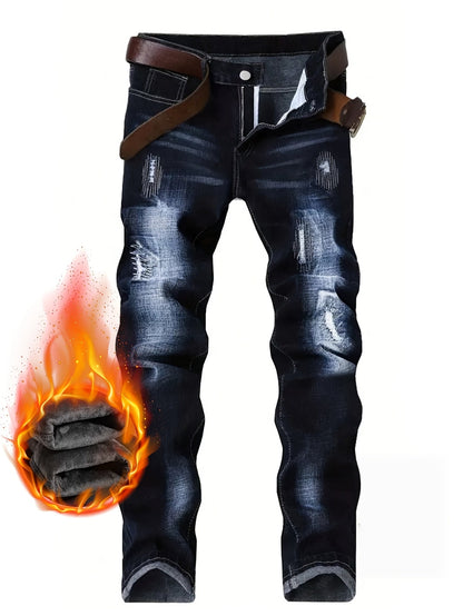 Men's Thermal Distressed Winter Jeans - Thickened Fleece-Lined Denim with Aged Patchwork & Heavy Wash Design    Home Decor Supply | Online Retail | ShoreShopper.com