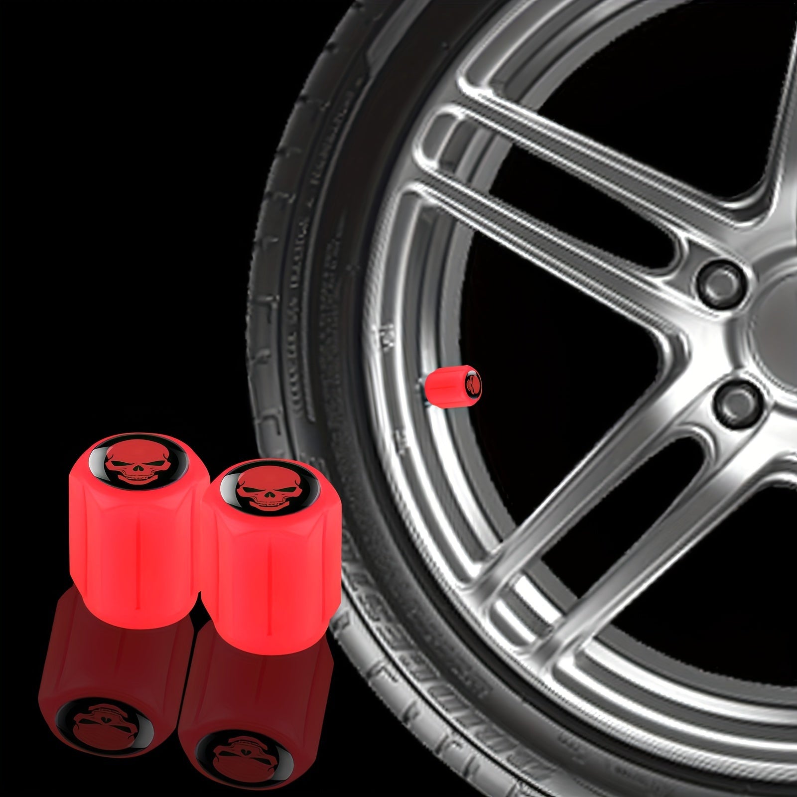 A Collection of Four Glowing Tire Valve Caps Designed to Stop Air from Escaping, Ideal for Vehicles Like Cars, Bikes, And Trucks, Adding a Fashionable Touch    Home Decor Supply | Online Retail | ShoreShopper.com