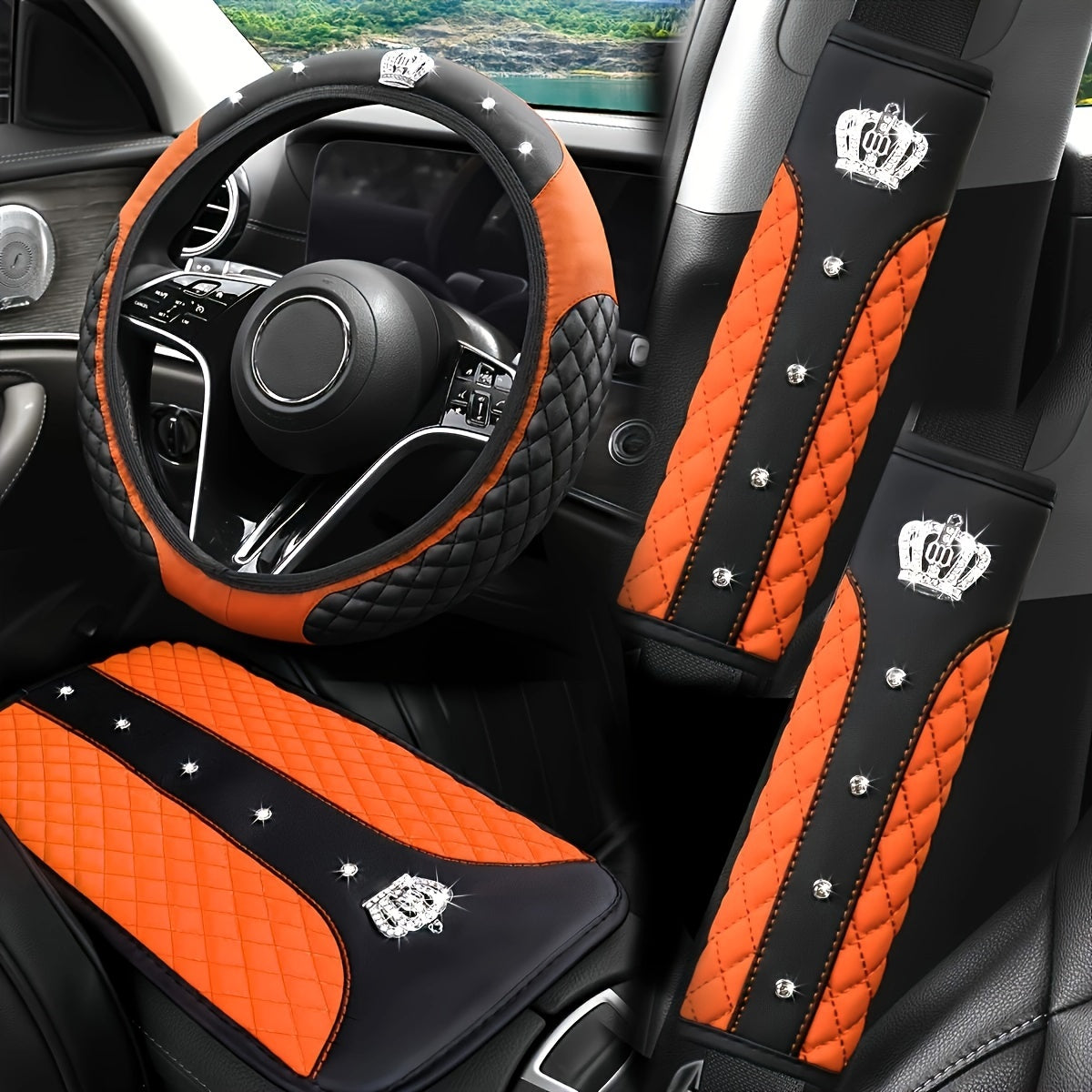 PU Leather Car Steering Wheel Cover Set, Carbon Fiber Pattern, Shoulder Pads, Leather Armrest, 4 pcs, for Comfortable Driving    Home Decor Supply | Online Retail | ShoreShopper.com