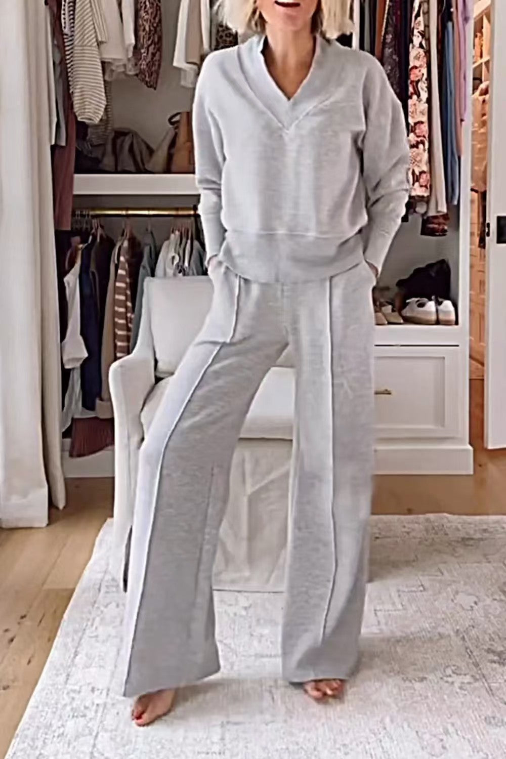 Women's Pullover Suit Casual Collared Long-Sleeved V-neck Top And Loose Straight-Leg Pants Fashion Sweatshirt Sport Trousers Set    Home Decor Supply | Online Retail | ShoreShopper.com