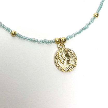 Baby blue Glass Bead Choker with Brass Coin Pendant    Home Decor Supply | Online Retail | ShoreShopper.com