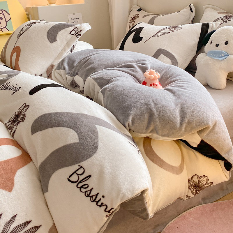 Winter Thickening Milk Fiber Bed Four-piece Coral Velvet Quilt Cover Flange Double-sided Bed Sheet Three-piece Bedding    Home Decor Supply | Online Retail | ShoreShopper.com