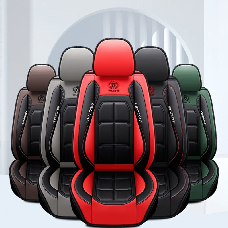 Set of car seat covers in various colors on a white background