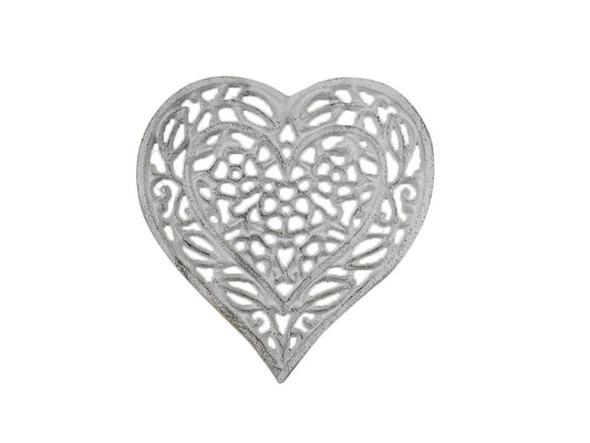Whitewashed Cast Iron Heart Shaped Trivet 7""    Home Decor Supply | Online Retail | ShoreShopper.com