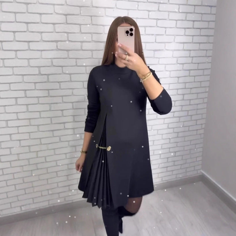 Patchwork Pleated Long-sleeved Dress Fashion Split Dresses Elegant Commuter Women's Clothing    Home Decor Supply | Online Retail | ShoreShopper.com