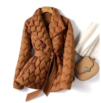Winter Ripple-stitching Jacket With Belt Fashion Warm Pockets Lapel Coat Women's Temperament Lightweight Outwear Clothing    Home Decor Supply | Online Retail | ShoreShopper.com