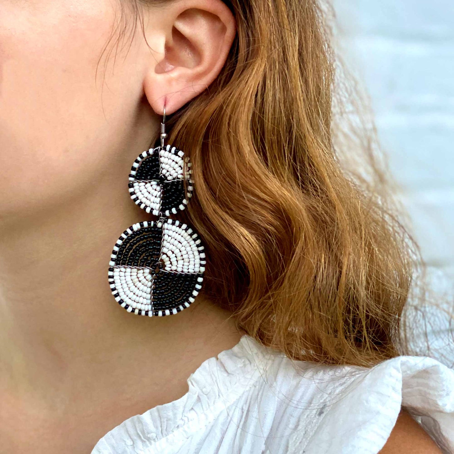 Maasai Bead Double Circle Dangle Earrings, White and Black    Home Decor Supply | Online Retail | ShoreShopper.com