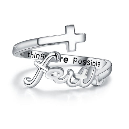 Sterling Silver Cross Ring "All Things Are Possible" Inlay "Faith" Design - ShoreCo.Shop