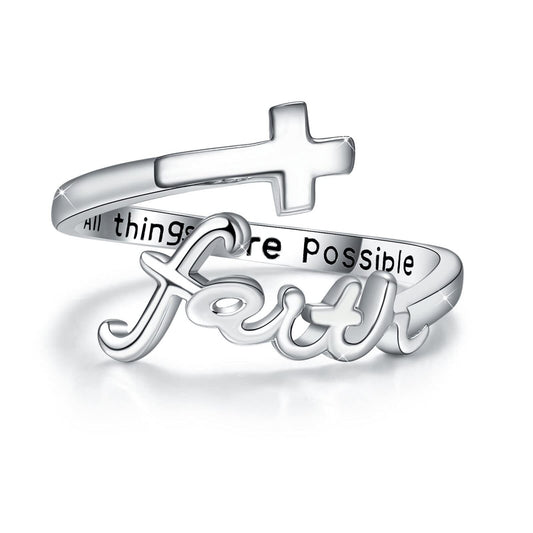 Sterling Silver Cross Ring "All Things Are Possible" Inlay "Faith" Design - ShoreCo.Shop