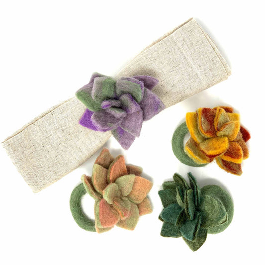 Hand-felted Succulent Napkin Rings, Set of Four Colors - Global Groove (T)    Home Decor Supply | Online Retail | ShoreShopper.com