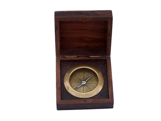 Antique Brass Captains Desk Compass with Rosewood Box 4""    Home Decor Supply | Online Retail | ShoreShopper.com
