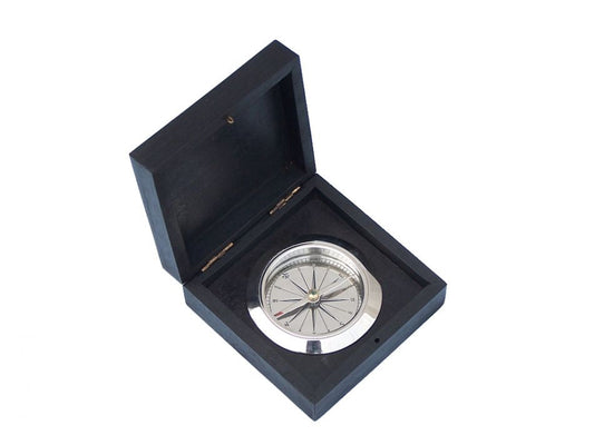 Chrome Captain's Desk Compass w/ Black Rosewood Box 4""    Home Decor Supply | Online Retail | ShoreShopper.com