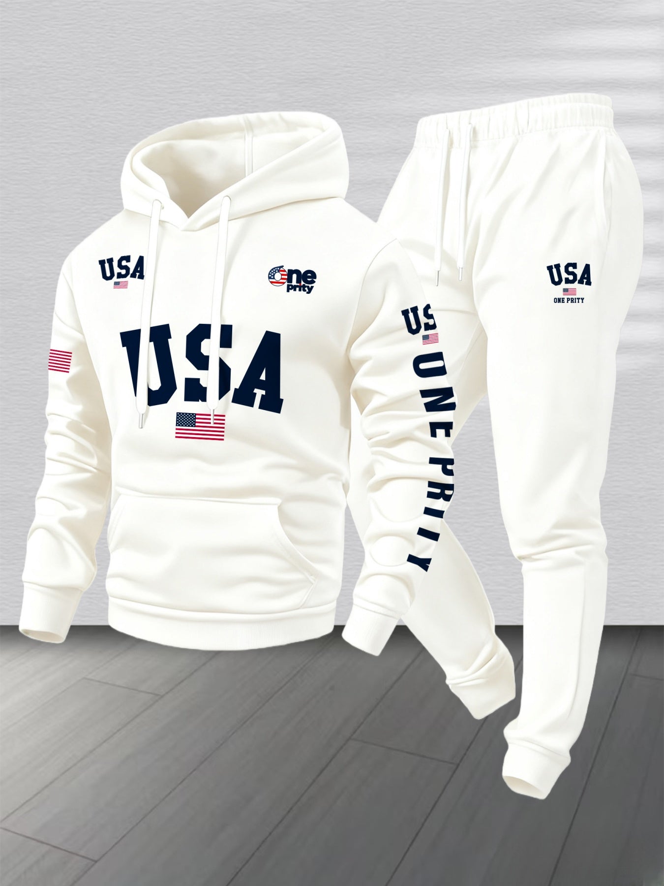 Men'S USA Flag Print Hoodie & Sweatpants Two-Piece Set - White with Red, White & Blue Design, Comfortable Warm Casual Streetwear Outfit, Regular Fit, Long Sleeve    Home Decor Supply | Online Retail | ShoreShopper.com