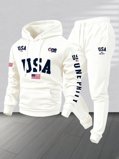 Men'S USA Flag Print Hoodie & Sweatpants Two-Piece Set - White with Red, White & Blue Design, Comfortable Warm Casual Streetwear Outfit, Regular Fit, Long Sleeve    Home Decor Supply | Online Retail | ShoreShopper.com