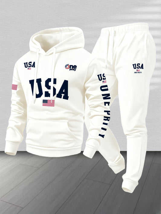 Men'S USA Flag Print Hoodie & Sweatpants Two-Piece Set - White with Red, White & Blue Design, Comfortable Warm Casual Streetwear Outfit, Regular Fit, Long Sleeve    Home Decor Supply | Online Retail | ShoreShopper.com