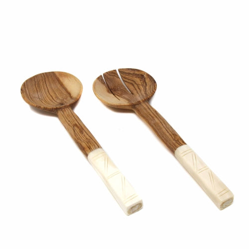 Olive Wood Salad Servers with Bone Handles, White with Square Design    Home Decor Supply | Online Retail | ShoreShopper.com