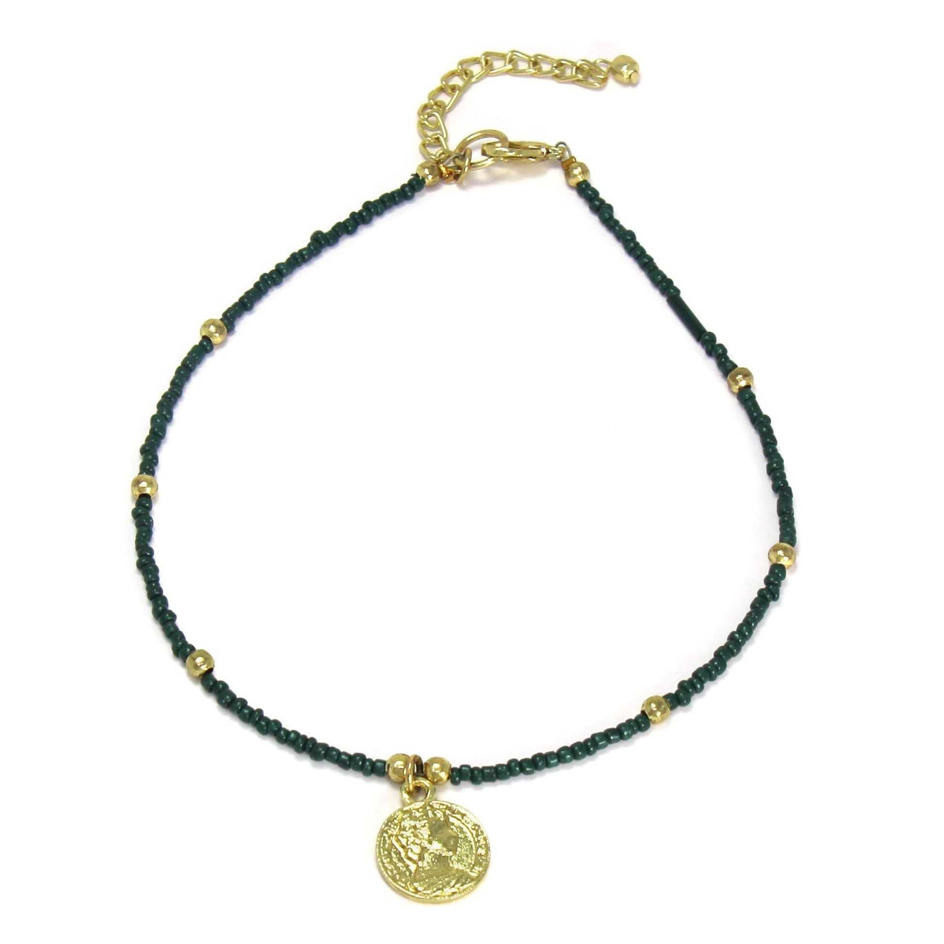 Dark Green Glass Bead Choker with Brass Coin Pendant    Home Decor Supply | Online Retail | ShoreShopper.com