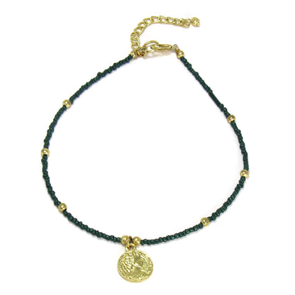 Dark Green Glass Bead Choker with Brass Coin Pendant    Home Decor Supply | Online Retail | ShoreShopper.com