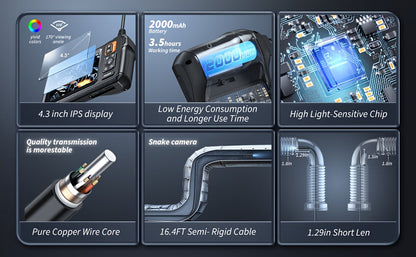 Endoscope Rechargeable Wire Cam w/ 8 LED Light 4.3" Screen 1080PHD 16ft.    Home Decor Supply | Online Retail | ShoreShopper.com
