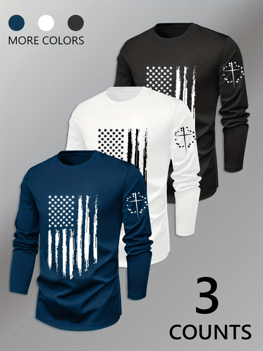 3pcs Men's Navy& Striped Long-Sleeve Tees: Crew Neck, Geometric Flag Pattern. Breathable Quick-Dry, Sweat-Absorbing, Durable Regular Fit. Classic Stylish Sportswear, Comfortable Basic Layer for Home/Daily Wear - Men's Versati    Home Decor Supply | Online Retail | ShoreShopper.com