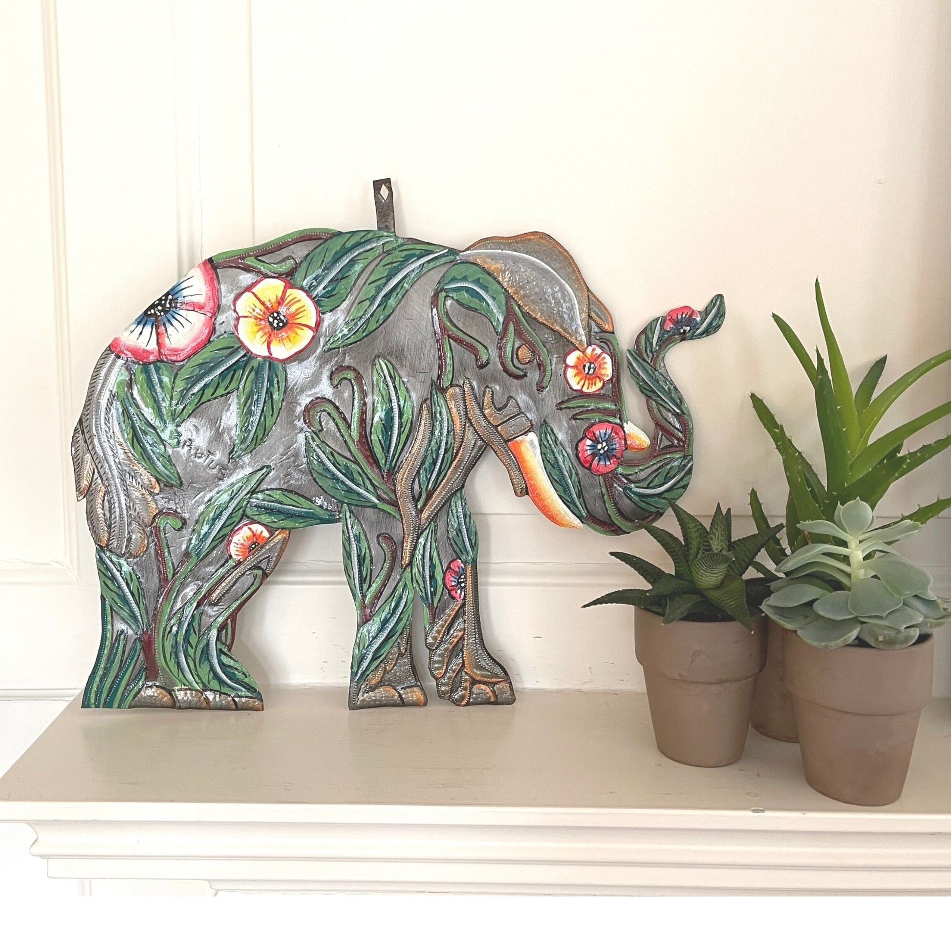 Hibiscus Elephant Haitian Metal Drum Art    Home Decor Supply | Online Retail | ShoreShopper.com