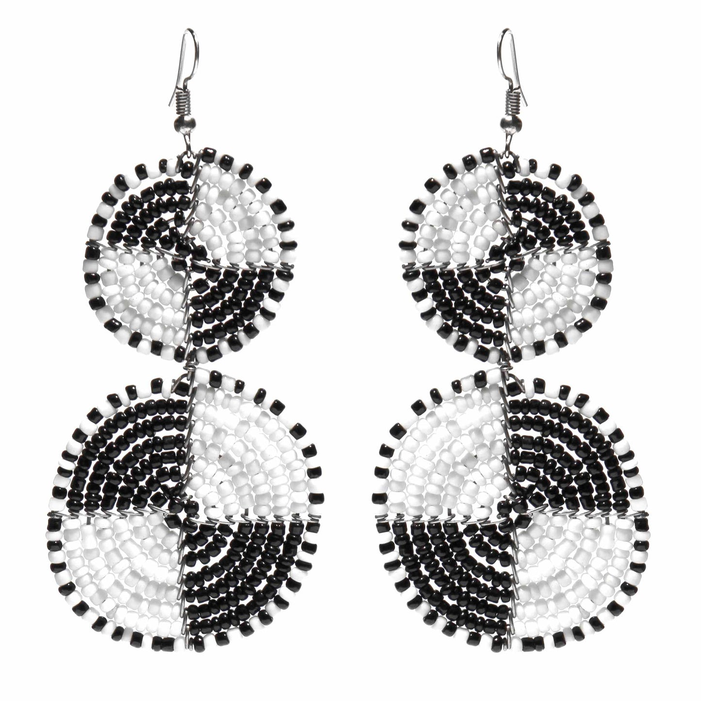 Maasai Bead Double Circle Dangle Earrings, White and Black    Home Decor Supply | Online Retail | ShoreShopper.com