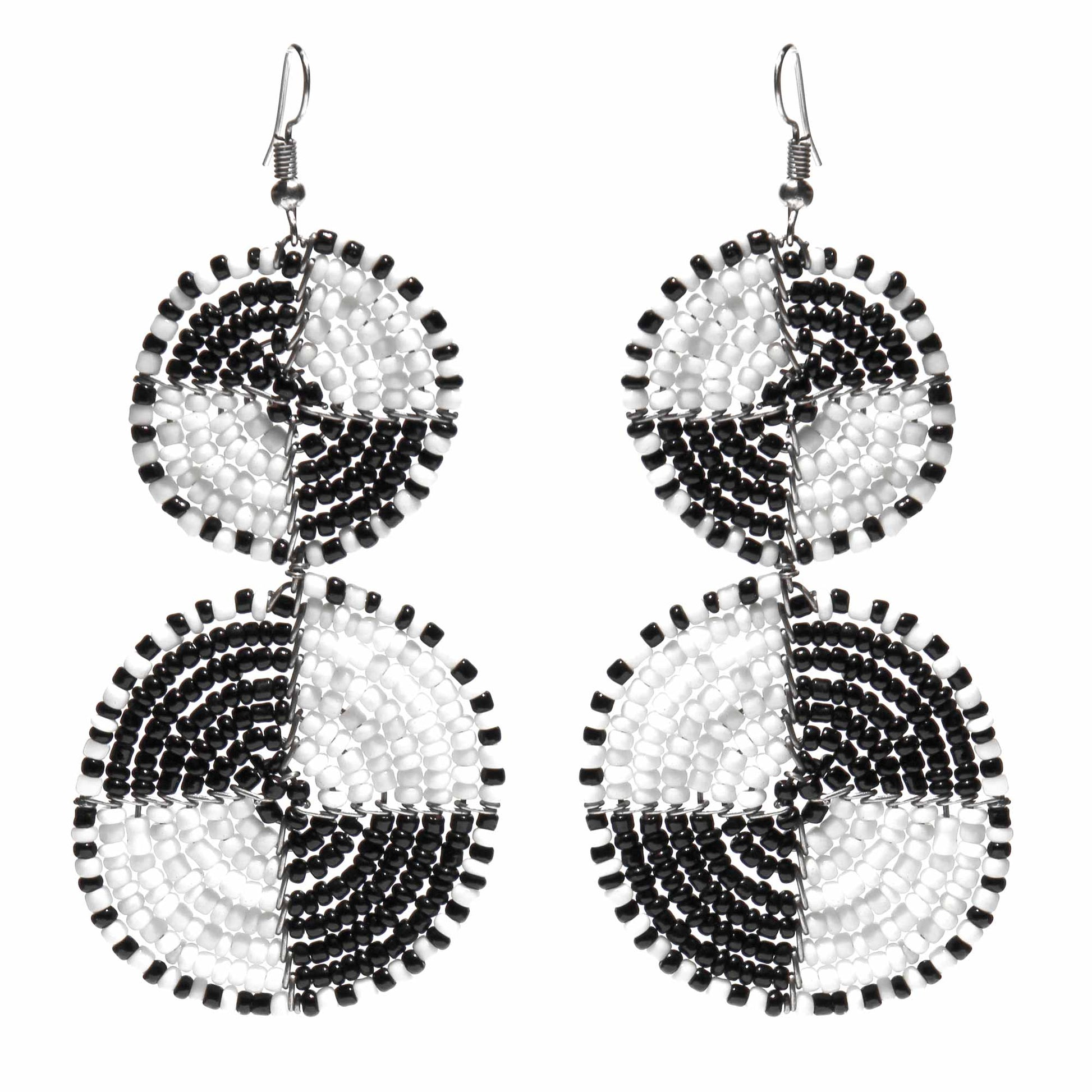 Maasai Bead Double Circle Dangle Earrings, White and Black    Home Decor Supply | Online Retail | ShoreShopper.com
