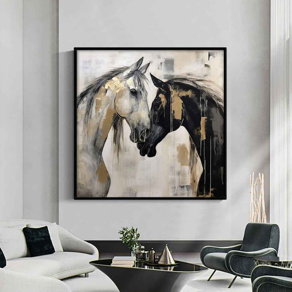 Hand-Painted Abstract Animal Horses Painting Texture Canvas Wall Art Modern Black And White Horses Painting Contemporary Office Decor