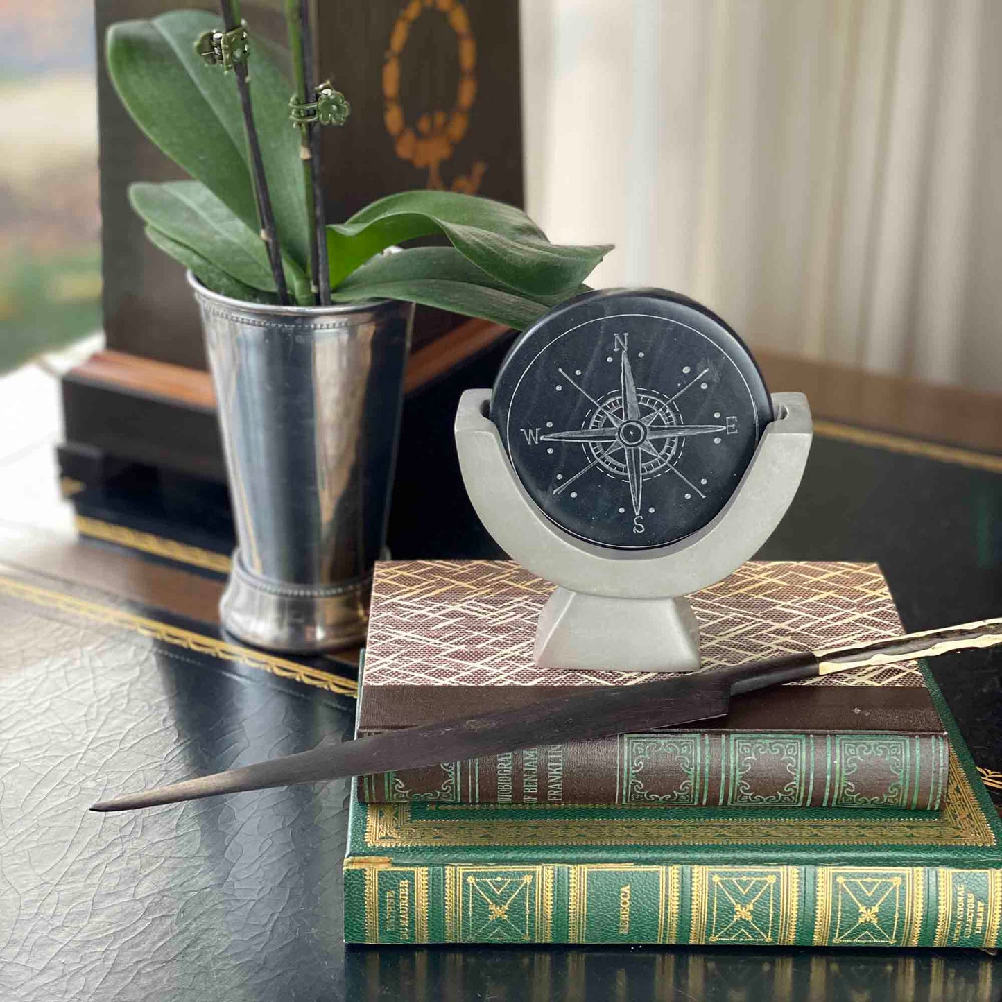 Compass Soapstone Sculpture, Dark Gray Stone    Home Decor Supply | Online Retail | ShoreShopper.com