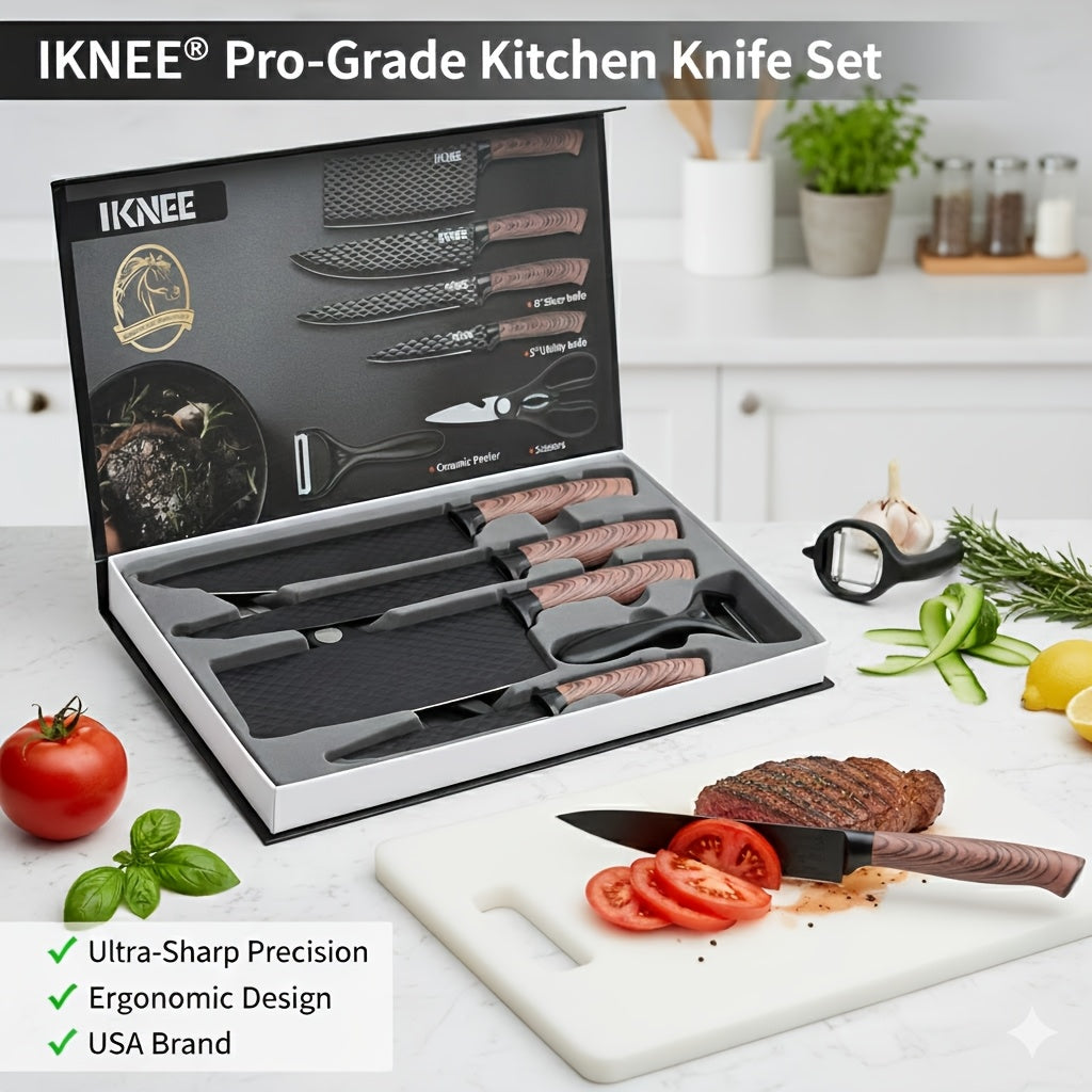 Professional 6pcs Kitchen Knife Set - Chef's Knife, Slicing Knife, Scraper, and Scissors - High Carbon Stainless Steel with Ultra-Sharp Blades, Non-Stick Ergonomic Wooden Handles - Ideal for Home, Travel, and Gift Box Set    Home Decor Supply | Online Retail | ShoreShopper.com