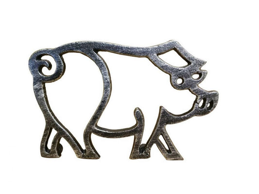 Rustic Silver Cast Iron Pig Shaped Trivet 8""    Home Decor Supply | Online Retail | ShoreShopper.com