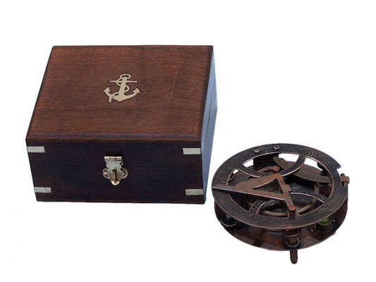 Antique Copper Round Sundial Compass with Rosewood Box 6""    Home Decor Supply | Online Retail | ShoreShopper.com