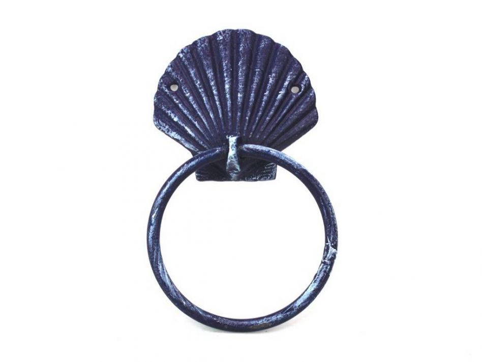 Rustic Dark Blue Cast Iron Seashell Towel Holder 8.5""    Home Decor Supply | Online Retail | ShoreShopper.com