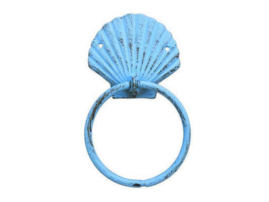 Rustic Light Blue Cast Iron Seashell Towel Holder 8.5""    Home Decor Supply | Online Retail | ShoreShopper.com