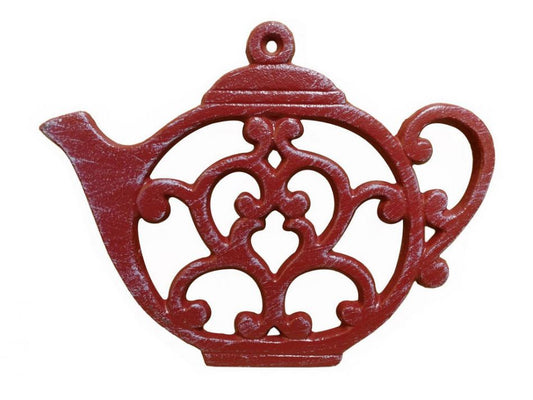 Rustic Red Whitewashed Cast Iron Round Teapot Trivet 8""    Home Decor Supply | Online Retail | ShoreShopper.com