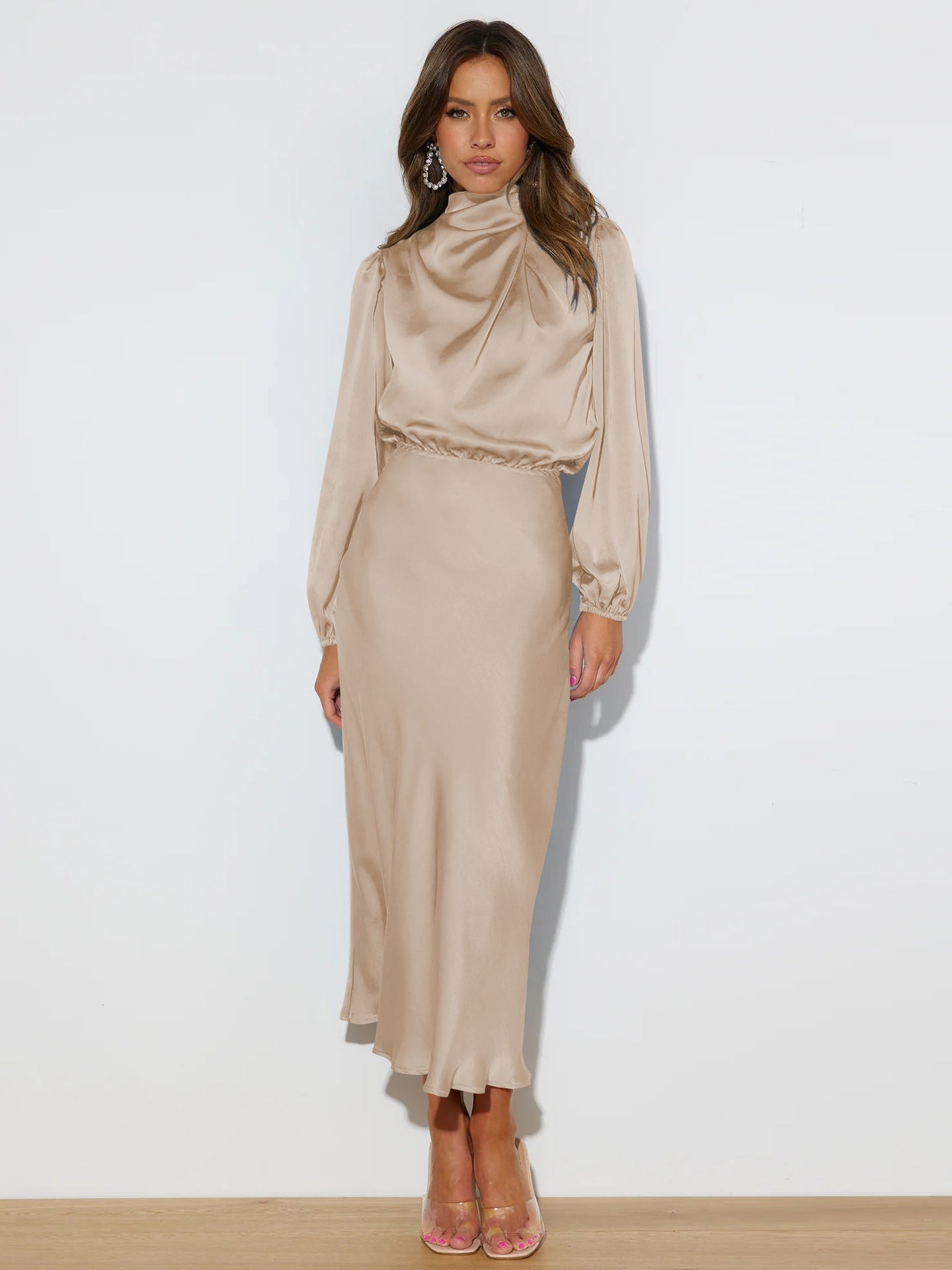 Elegant Temperament Long-sleeved Dress Satin Halterneck Formal Evening Dresses Women Clothing    Home Decor Supply | Online Retail | ShoreShopper.com