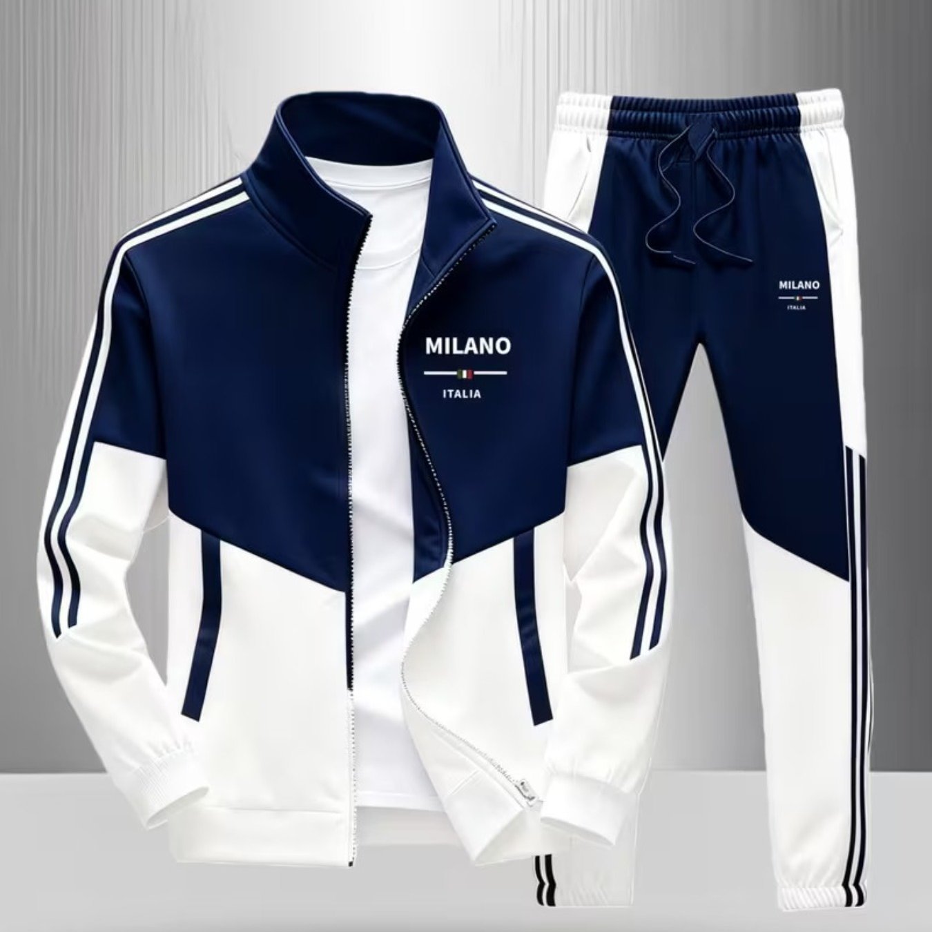 Track Jacket Pants Set Men's Fashion Casual Trendy Street Style Sportswear with MILANO ITALIA Letter Print Color Block Design Striped Pattern Men's Outfits for Adults Men Casual Wear Sportswear    Home Decor Supply | Online Retail | ShoreShopper.com