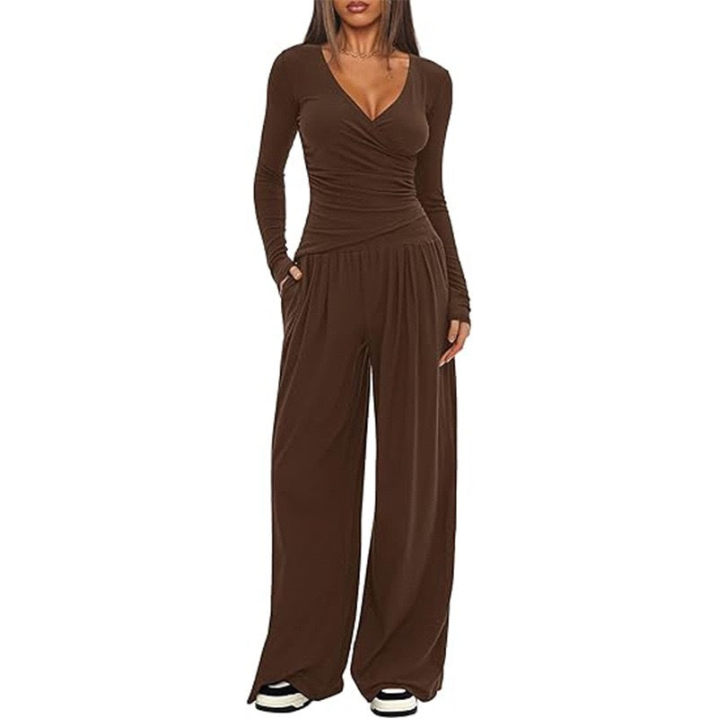 2 Pieces Women's V Neck Long-sleeve Sportswear Top And Wide-leg Pants Set Casual Comfortable Outfit Set For Daily Wear Gym Sports Outfit    Home Decor Supply | Online Retail | ShoreShopper.com