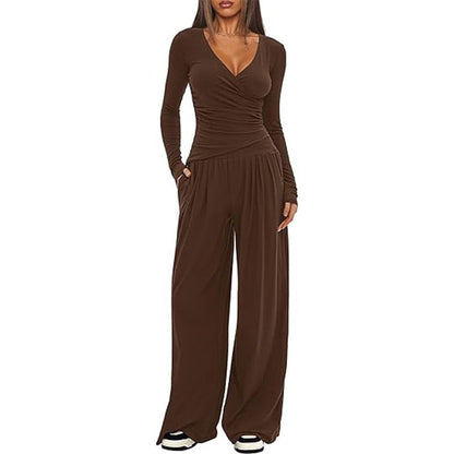 2 Pieces Women's V Neck Long-sleeve Sportswear Top And Wide-leg Pants Set Casual Comfortable Outfit Set For Daily Wear Gym Sports Outfit    Home Decor Supply | Online Retail | ShoreShopper.com