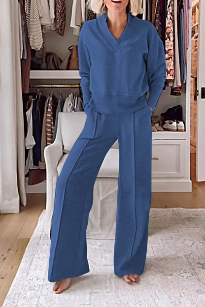 Women's Pullover Suit Casual Collared Long-Sleeved V-neck Top And Loose Straight-Leg Pants Fashion Sweatshirt Sport Trousers Set    Home Decor Supply | Online Retail | ShoreShopper.com