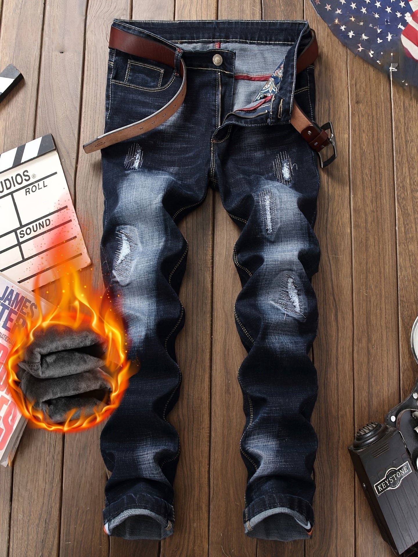 Men's Thermal Distressed Winter Jeans - Thickened Fleece-Lined Denim with Aged Patchwork & Heavy Wash Design    Home Decor Supply | Online Retail | ShoreShopper.com