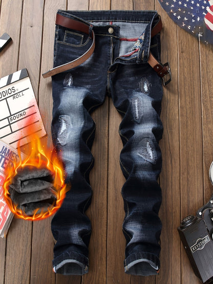 Men's Thermal Distressed Winter Jeans - Thickened Fleece-Lined Denim with Aged Patchwork & Heavy Wash Design    Home Decor Supply | Online Retail | ShoreShopper.com