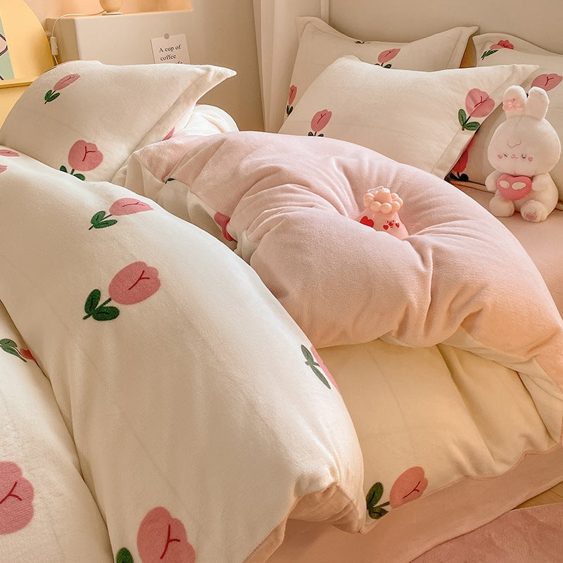 Winter Thickening Milk Fiber Bed Four-piece Coral Velvet Quilt Cover Flange Double-sided Bed Sheet Three-piece Bedding    Home Decor Supply | Online Retail | ShoreShopper.com