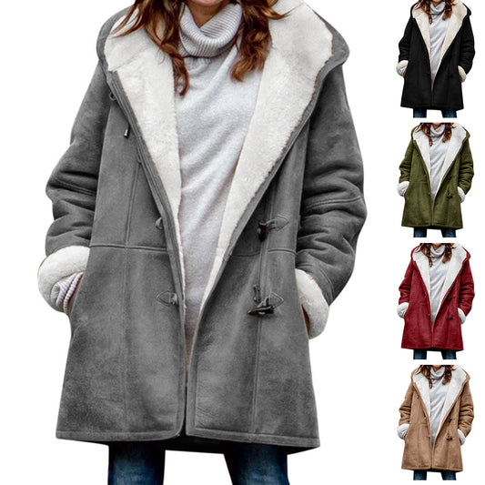 Winter Vintage Button Jackets Women's Warm Fleece Hooded Coat Casual Mid-Length Trench Top Outwear Clothing    Home Decor Supply | Online Retail | ShoreShopper.com