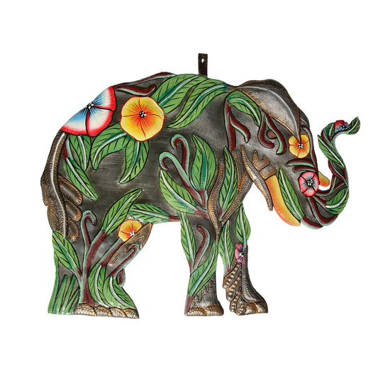 Hibiscus Elephant Haitian Metal Drum Art    Home Decor Supply | Online Retail | ShoreShopper.com