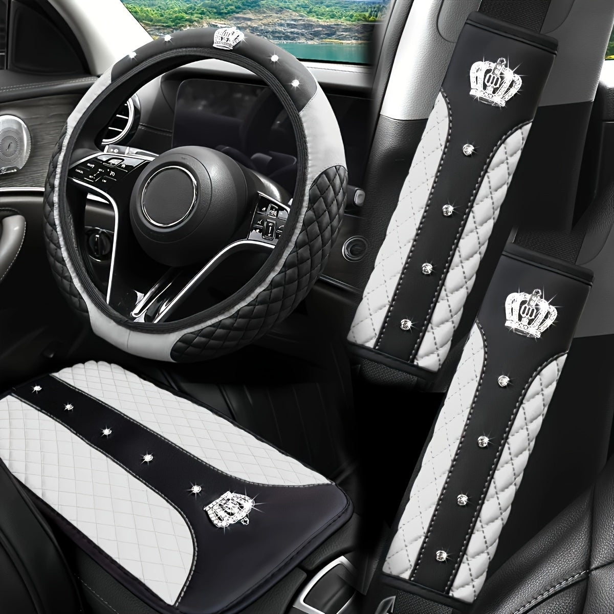 PU Leather Car Steering Wheel Cover Set, Carbon Fiber Pattern, Shoulder Pads, Leather Armrest, 4 pcs, for Comfortable Driving    Home Decor Supply | Online Retail | ShoreShopper.com