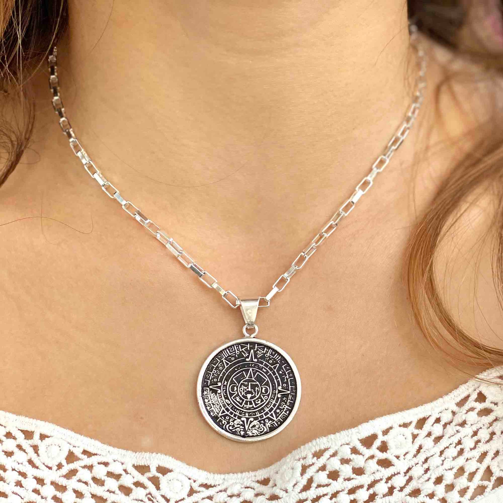 Alpaca Silver Aztec Calendar Pendant with Chain    Home Decor Supply | Online Retail | ShoreShopper.com