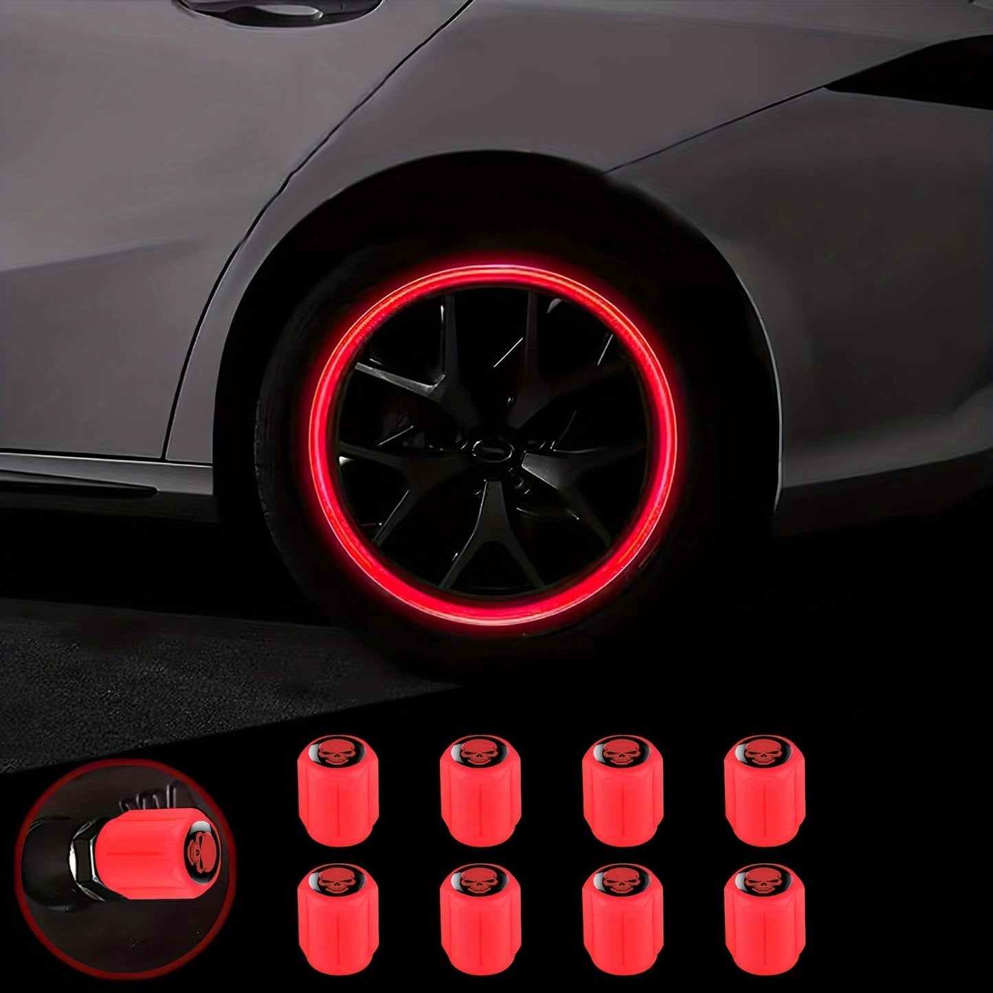 A Collection of Four Glowing Tire Valve Caps Designed to Stop Air from Escaping, Ideal for Vehicles Like Cars, Bikes, And Trucks, Adding a Fashionable Touch    Home Decor Supply | Online Retail | ShoreShopper.com